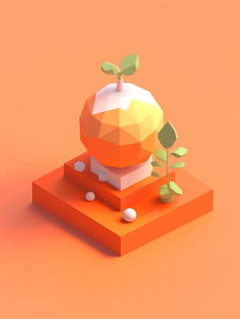 3d isometric illustration of orange and yellow polygonal appleの素材