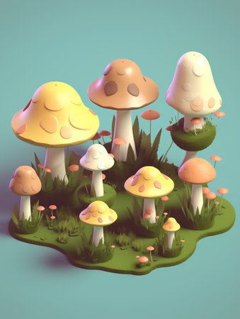Mushrooms in the forest, 3d render, digital illustrationの素材