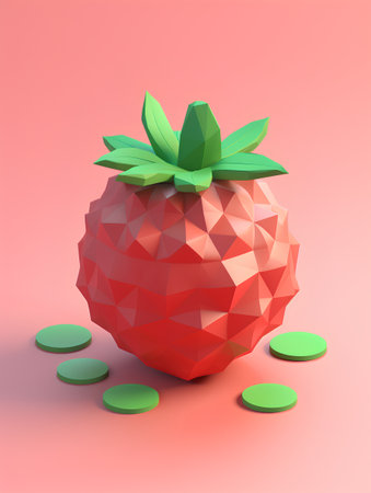Strawberry with leaves on a red background. 3d illustrationの素材