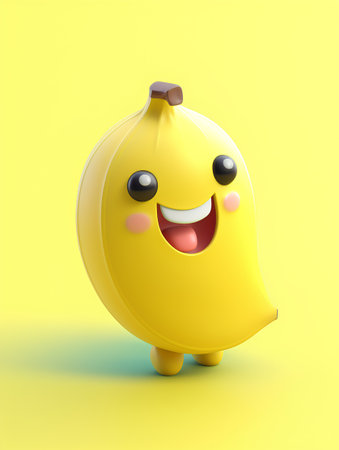 Funny banana character isolated on yellow background. 3d rendering.の素材