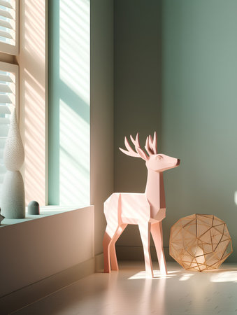 3d rendering of a deer in a room with a large windowの素材