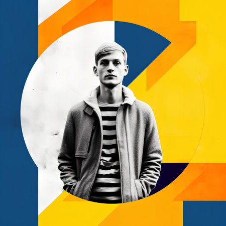 Portrait of a handsome young man in a gray coat against the background of an abstract geometric patternの素材