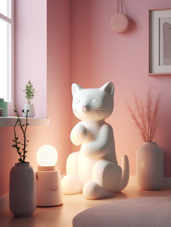 3d render of a white cat in a room with pink wallsの素材