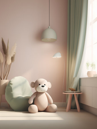 3d rendering children's room with teddy bear in pastel colorsの素材