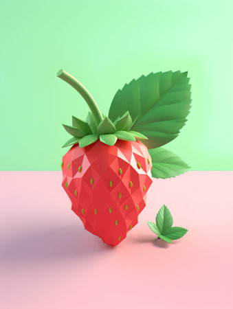 Strawberry with leaves. 3d illustration. Minimal style.の素材