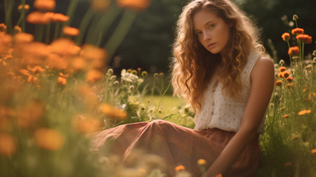 Beautiful young woman sitting in a field of wildflowers.の素材
