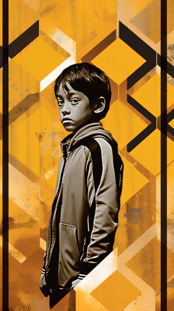 Portrait of a boy in a jacket with a hood on a grunge background.の素材