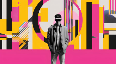 Fashionable young man in stylish clothes and cap posing on colorful background.の素材