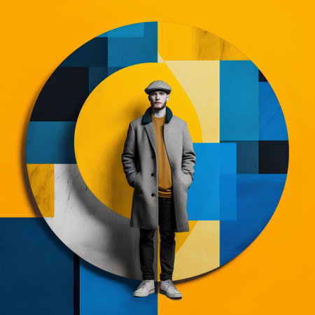 Stylish young man in a plaid coat and cap stands in front of a circle with a colorful geometric patternの素材