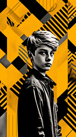 Portrait of a boy on a geometric background. Grunge style.の素材