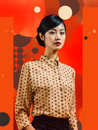 Fashion portrait of young beautiful asian woman in polka dot dress.の素材