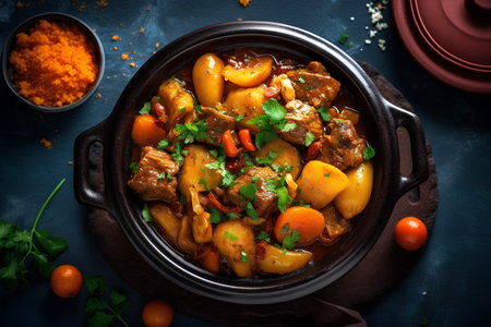 Beef stew with vegetables and spices in a pan on a dark backgroundの素材