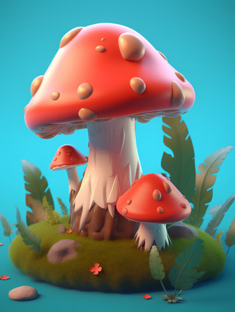 3d render of a mushroom with red cap on a green meadowの素材