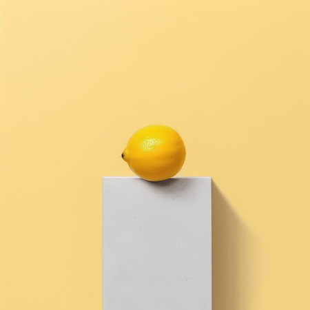 Lemon on a white concrete pedestal on a yellow background. Minimal concept.の素材