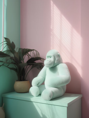 Teddy bear sitting on the shelf in the room, 3d renderingの素材