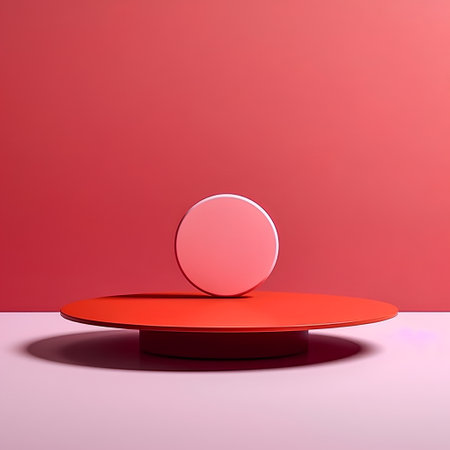 3d render of abstract geometric forms. Glossy red podium for your design.の素材