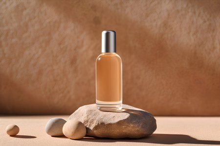 Cosmetic bottle with pipette on stone on brown background. 3d renderの素材