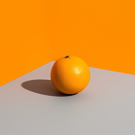 One whole fresh orange on grey and orange background with hard shadow, minimal conceptの素材