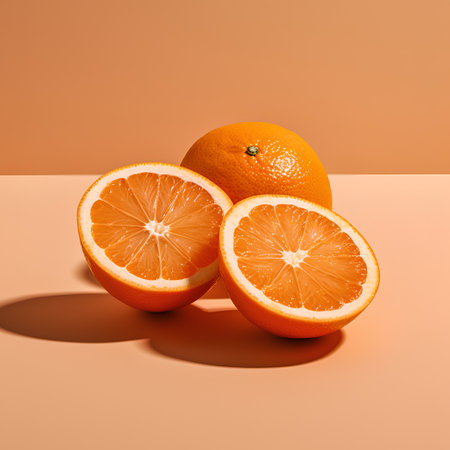 Orange fruit on orange background. Minimal summer concept. 3d renderの素材