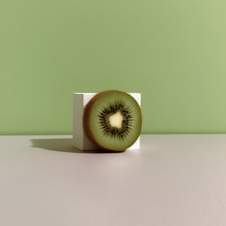 Kiwi fruit on white cube with green wall. 3d renderの素材