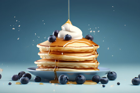 Pancakes with blueberries and maple syrup, 3d renderingの素材