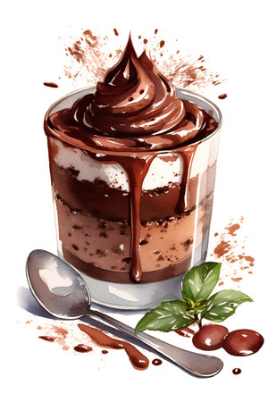 Chocolate mousse in a glass cup. Watercolor hand drawn illustrationの素材