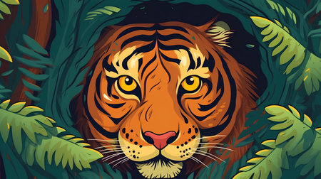 Tiger head in jungle. Vector illustration of a wild animal.の素材