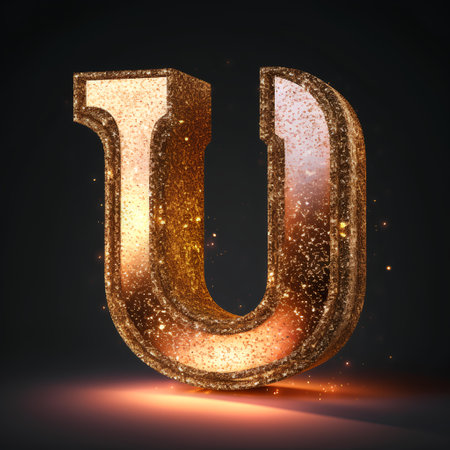 Vector shiny golden glittering letter U uppercase isolated on black backgroundの素材