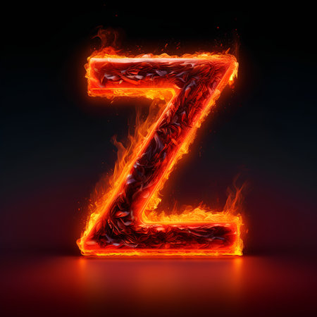 Burning letter Z in fire, 3D rendering isolated on black backgroundの素材
