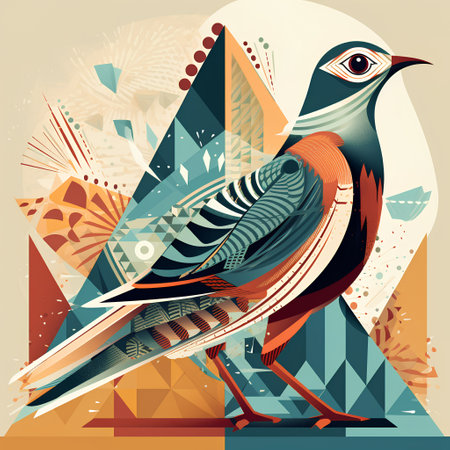 Vector illustration of a colorful bird on a background of geometric shapes.の素材
