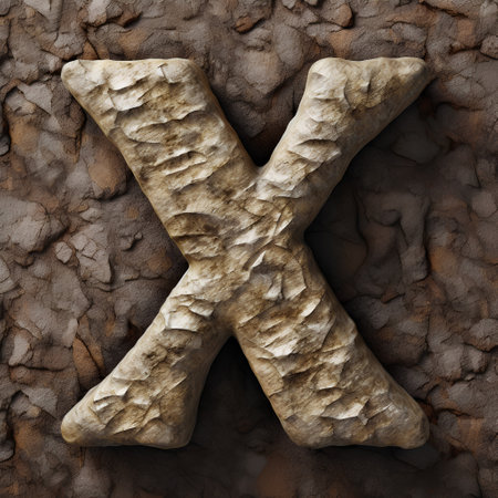 Stone letter X uppercase. 3D render stone font with cracked backgroundの素材