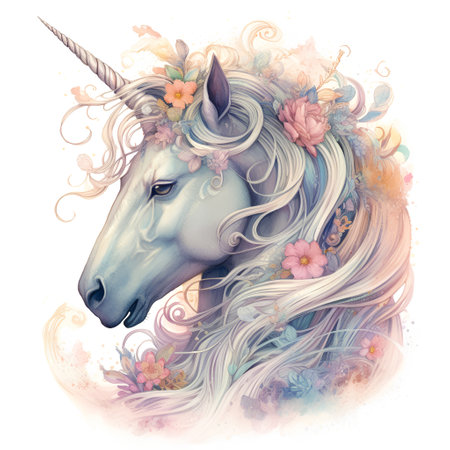 Beautiful unicorn with long mane and flowers. Watercolor illustrationの素材