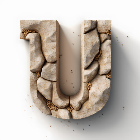 Concrete letter U uppercase. 3D rendering isolated on white backgroundの素材