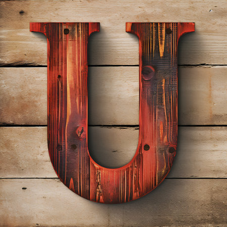 Wooden letter U uppercase on old wooden background. 3d renderingの素材