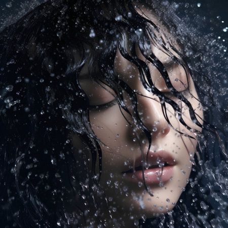 Portrait of beautiful young woman with wet hair and water drops on her faceの素材