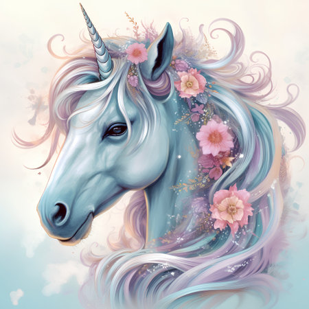 Beautiful unicorn with flowers on a blue background. Vector illustration.の素材