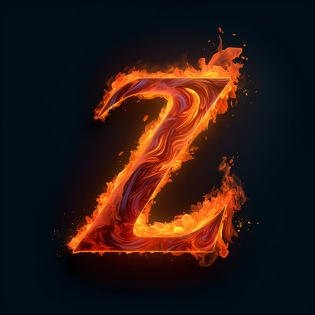 Fiery letter Z uppercase, fire font isolated on black backgroundの素材