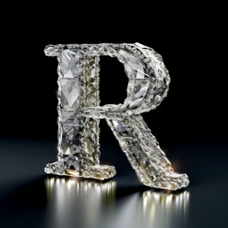 Diamond letter R on black background. 3D rendering. High resolutionの素材