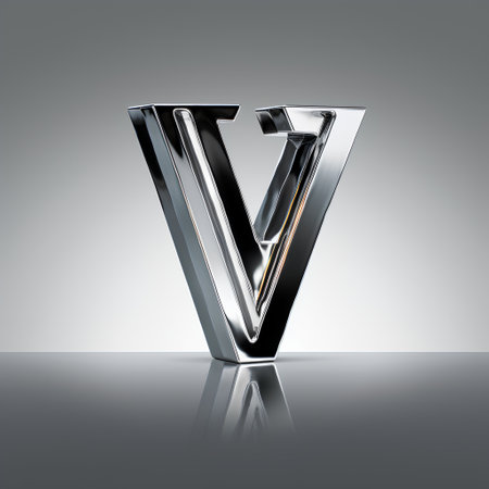 Chrome metal letter V uppercase on gray background. 3D rendered font.の素材