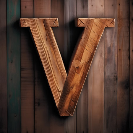 Wooden letter on wood wall for your design, letter V.の素材