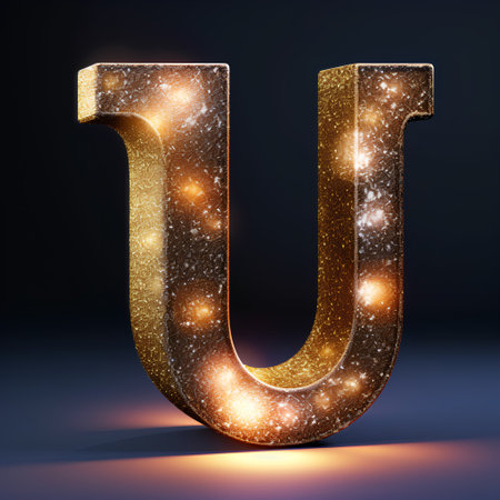 Gold glittering letter U uppercase. 3D render font with sparkles isolated on black backgroundの素材