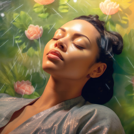Portrait of a beautiful woman with closed eyes and closed eyes.の素材