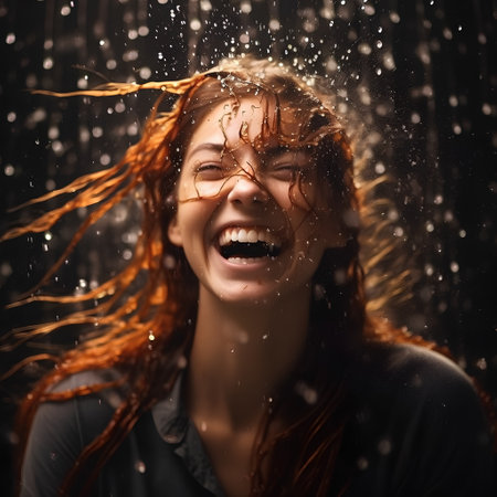 Portrait of a beautiful young woman with long red hair under rainの素材