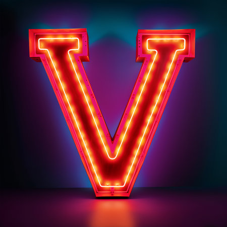 Neon light letter V, vector eps10 illustration on dark backgroundの素材