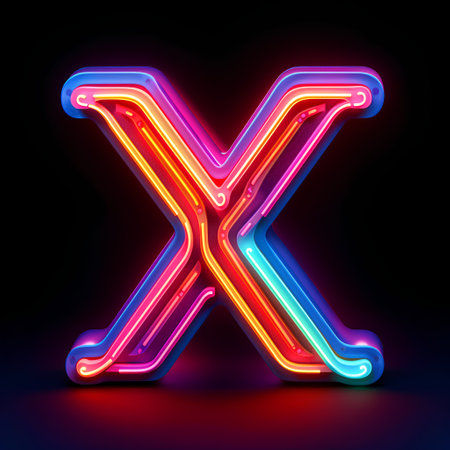 Neon letter X in neon style isolated on black background. 3D illustrationの素材