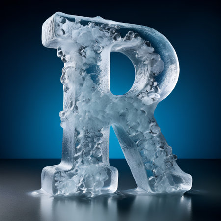 Ice letter R on a blue background. 3d render illustration.の素材