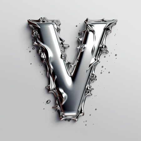 Metal letter V uppercase. 3D render metallic font with water drops isolated on white background.の素材