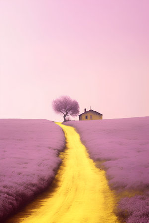 Lavender field with lonely tree in the middle of the roadの素材