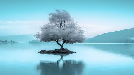 Tree on a small island in a lake with mountains in the backgroundの素材