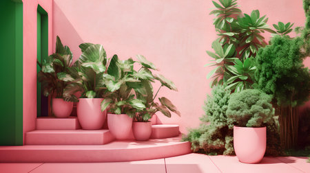 3d render of a pink background with green plants in pots.の素材